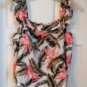 Linen Blend Tropical Print Cropped Top